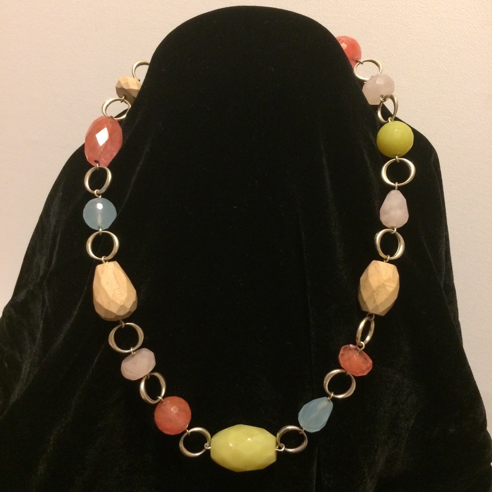 Fossil Stone & Wood Chunky Bead & Silver Necklace
